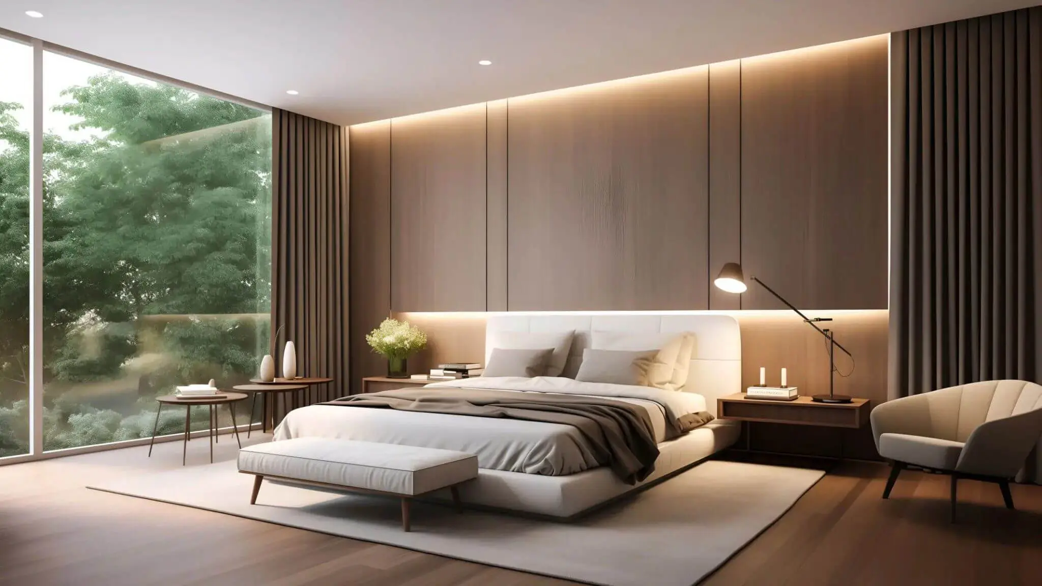 Modern bedroom with wood panel walls and soft lighting.