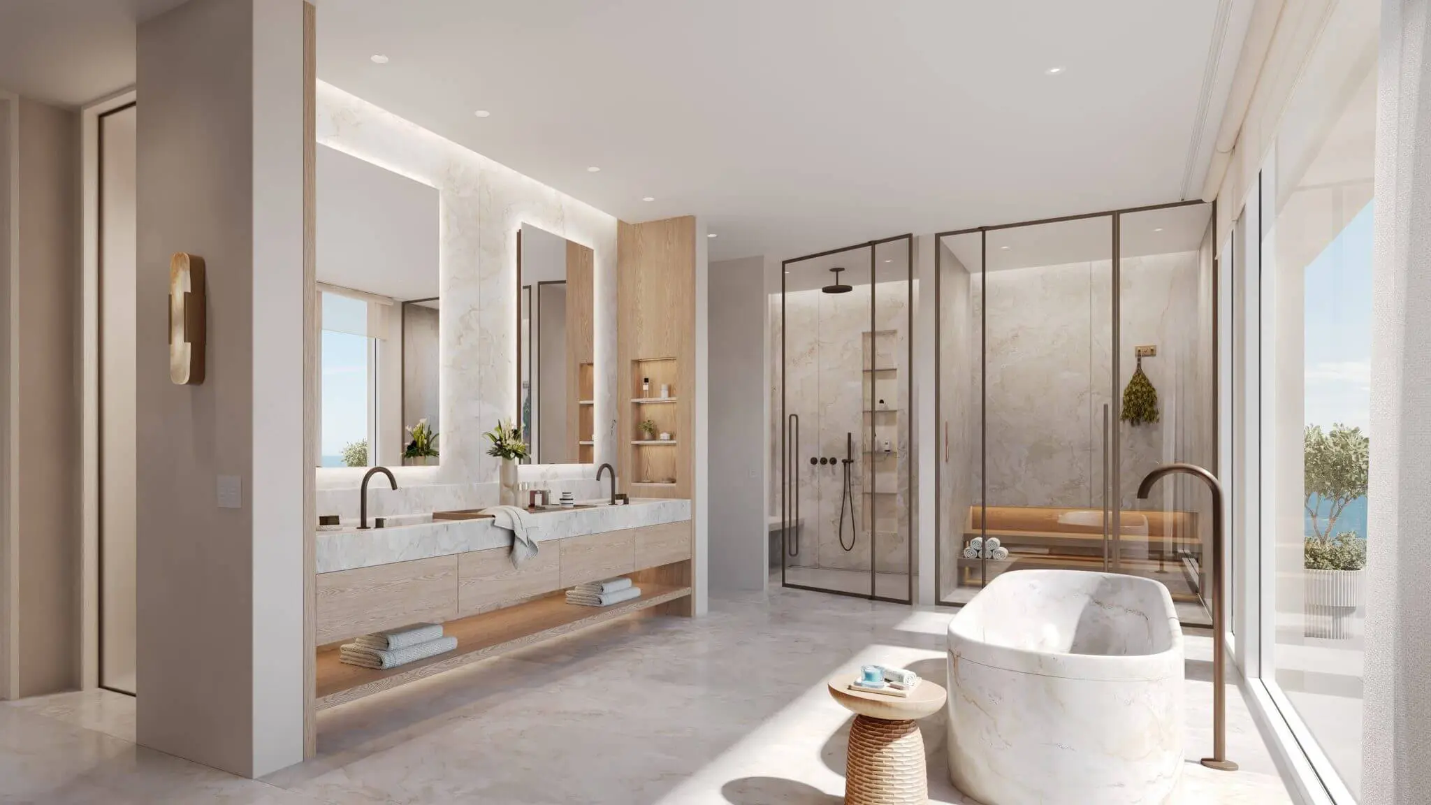 Modern bathroom with glass shower and wooden accents.