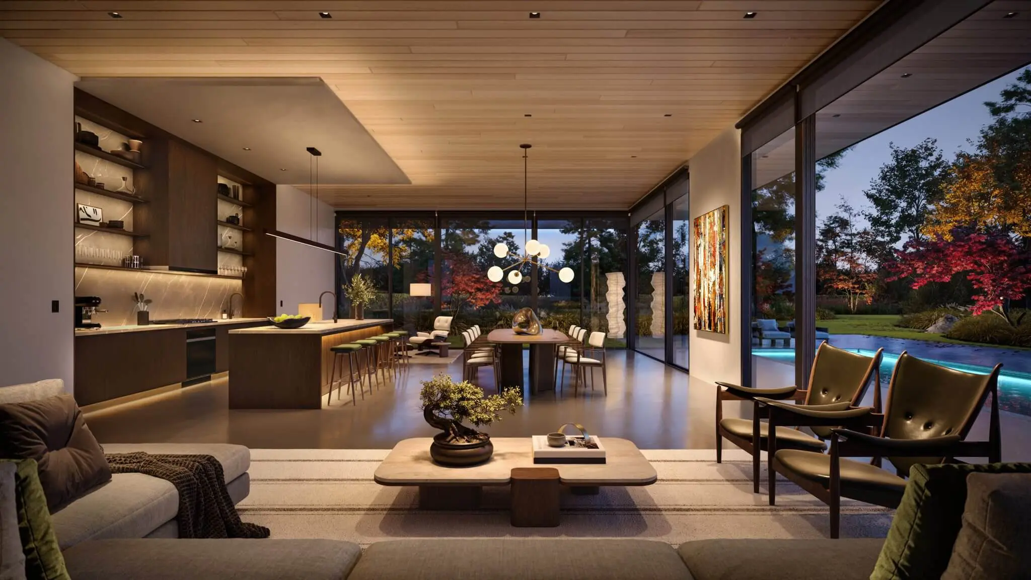 Modern living room with cozy seating and warm lighting.